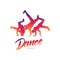 Vector illustration: Color emblem template for Dance Studio with hand lettering and silhouettes of break dancers.