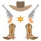 Vector illustration color icon set simplified leather cowboy boots and hat, sheriff star, revolvers. Wild west cowboy