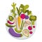 Vector illustration with colorful flat vegetables. Dish of healthy vegetables on a white background. For the design of posters,