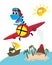 Vector illustration. Colorful graphics dinosaur flies in the sky on an airplane. Print for children`s t-shirts and hand-drawn