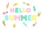 Vector illustration with colorful hand drawn lettering Hello Summer and cute cartoon icecreams isolated on white background.