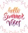 Vector illustration: Colorful Handwritten type lettering of Hello Summer Vibes with palm leaves on white background.