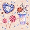 Vector illustration with colorful sweets: cake with blueberries and cream, hot chocolate with a chocolate cookies, red-white