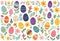 Vector illustration of colorfully painted Easter eggs and spring flowers. Easter decorations,