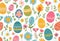 Vector illustration of colorfully painted Easter eggs and spring flowers. Easter decorations,