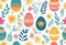 Vector illustration of colorfully painted Easter eggs and spring flowers. Easter decorations,