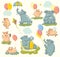 Vector illustration with colour elephants and pigs for greeting card design, t-shirt print, inspiration poster