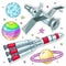 Vector illustration comic style colorful icons, stickers satellite, space rocket and planets