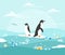 Vector illustration concept of ocean pollution with plastic waste. Penguins on the small piece of ice and lot of waste