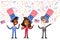 Vector illustration: Confetti showering cartoon group of American business people wearing stars and stripes hats Independence Day