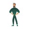 Vector illustration of confident bearded man in warm clothing standing with hands in sides.