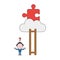 Vector illustration of confused businessman character cannot reach missing puzzle piece on cloud with ladder and missing steps.