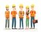 Vector illustration of construction workers team characters. Men and women in uniforms and helmets on white background