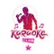 Vector illustration of content man singing, soloist holds a microphone in hand. Karaoke club, feel yourself famous superstar.