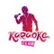 Vector illustration of content man singing, soloist holds a microphone in hand. Karaoke club, feel yourself famous superstar