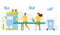 Vector illustration. Conveyor. Cute people sorting rubbish in trash bin. People sorting each type of garbage into the