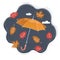 Vector illustration of cool single weather, opened umbrella in the dark sky falling leaves fly arround. Autumn concep on