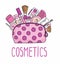 Vector illustration cosmetic bag with cosmetics. on a white background. A set of cosmetics - lipstick, mascara, comb, shadows, a b