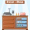 Vector illustration of a counter with sweets from the seller, with a cash register, a cashless payment terminal and scanner. Pies,