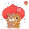 Vector illustration of a couple of enamored brown teddy bears hid from the rain under a big red hear