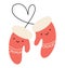 Vector illustration couple of warm knitted happy smilling red mittens design. Pair of cute patterned elements for winter