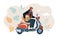 Vector illustration of courier ride scooter. Man in helmet riding classic moped with box.
