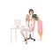 Vector illustration of coworking communication concept with two women working with computer and discussing.