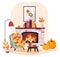 Vector illustration of a cozy autumn living room with fireplace, a armchair, and a lamp