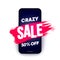 Vector Illustration Crazy Sale Offer. Brush Stroke On Smartphone. 50 Percent Off.
