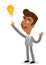 Vector illustration of a creative young asian cartoon businessman pointing at light bulb, having an idea