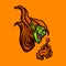 Vector illustration of Creepy Green Goblin Head with a Candy on the Orange Background. Hand-drawn illustration for mascot sport