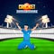 Vector illustration of cricket player in winning pose on night view stadium background.