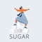 Vector illustration of cube of sugar icon. woman balanced on sweet balance on dark background.