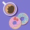 Vector illustration of a cup of coffee and donuts on a purple background