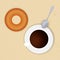 Vector illustration of a cup of coffee and donuts. View from above. Lunch.