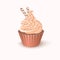 Vector illustration cupcake with pink whipped cream, confectionery sprinkles and two wafer tubes on white background. Isolated