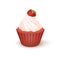 Vector illustration cupcake with pink whipped cream and strawberry on white background