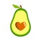 Vector illustration of cut avocado half with heart shaped pit stem leaf. Healthy plant base diet vegetables