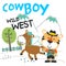 vector illustration of Cute animal cowboy with lasso and and horse. Cartoon character for childrens book, album, baby shower,
