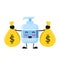 Vector illustration of Cute Antiseptic Liquid soap mascot or character holding sack money. Antiseptic Liquid soap character