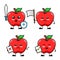 Vector illustration of cute apple fruit character fight virus, holding blank white banner, holding wrong sign and correct sign.