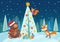 Vector illustration of cute bear and fox animals with gifts at Christmas tree in forest.