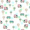 Vector illustration of the cute bus, car with the funny faces seamless pattern. Trendy Kawaii emoticons for print