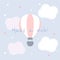 Vector illustration with cute cartoon air balloon, stars, clouds