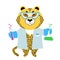 Vector illustration of a cute cartoon cheetah in lab coat with test tubes