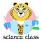 Vector illustration of a cute cartoon cheetah in lab coat with test tubes signed science class