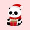 Vector Illustration: A cute cartoon giant panda with red scarf and red christmas hat is sitting on the ground opening a present