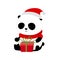 Vector Illustration: A cute cartoon giant panda with red scarf and red christmas hat is sitting on the ground opening a present