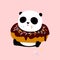 Vector Illustration: A cute cartoon giant panda is sitting on the ground, with a big chocolate doughnut / donut / bagel.