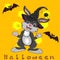 vector illustration of cute cartoon halloween bunny in wizard costume and hat. Halloween animals. Halloween kids.